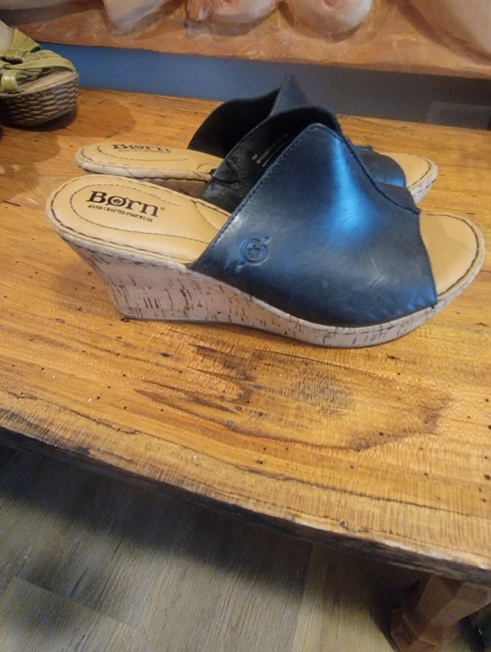 Born Size 7 Black Leather Cork Wedge Slide Sandals w/ 3
